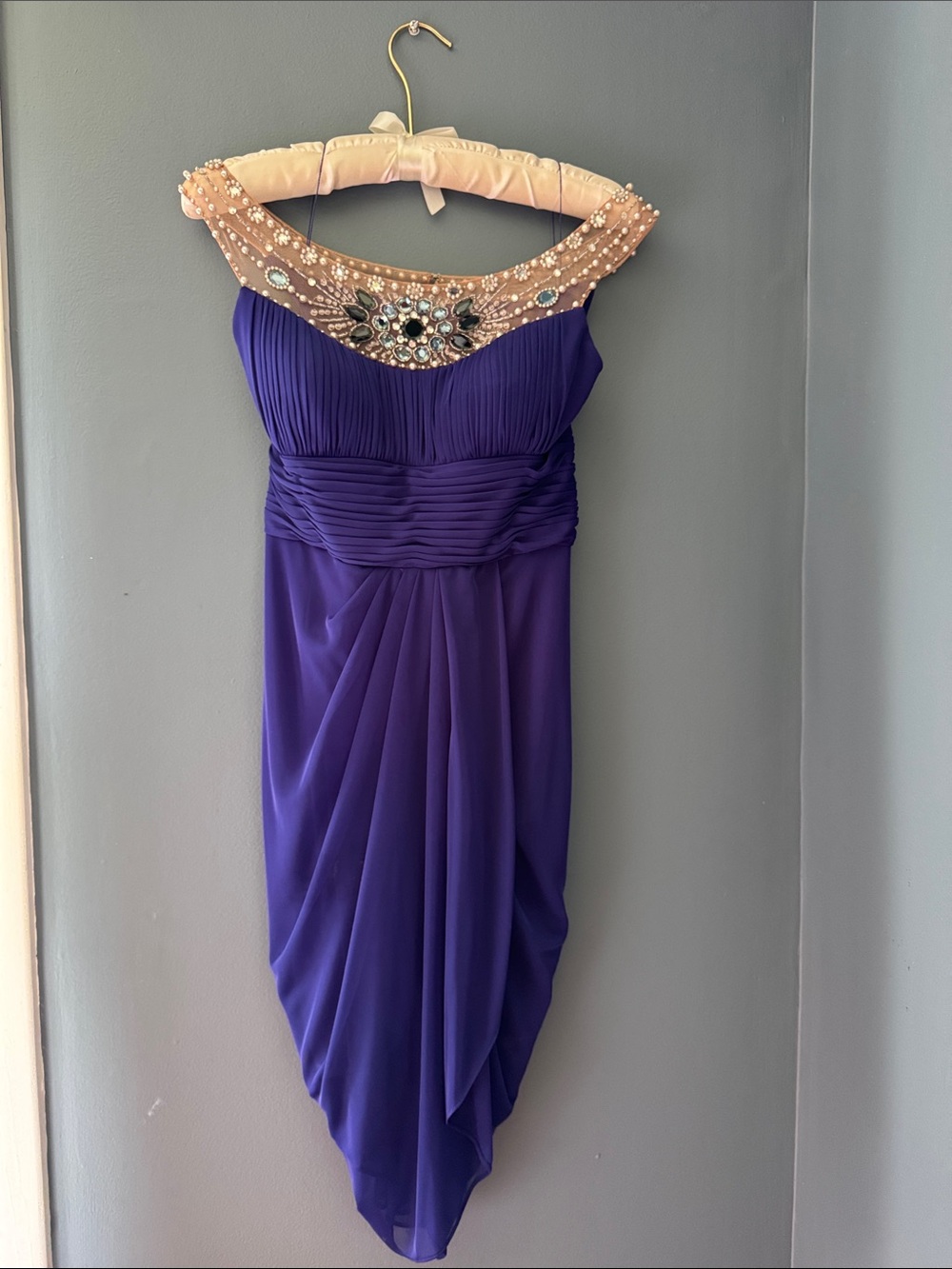 Adrianna Papell Purple Chiffon Cocktail Dress with Jeweled Illusion Neckline